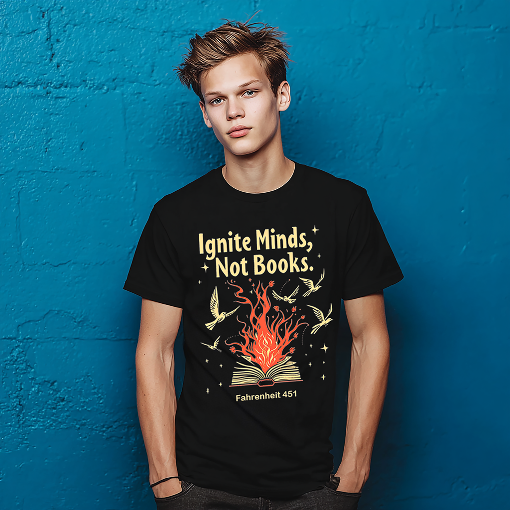 Ignite Minds Not Books, Fahrenheit 451 Inspired Unisex Tee - Book Lovers Gift, Literary T-Shirt, Reading Enthusiast Apparel