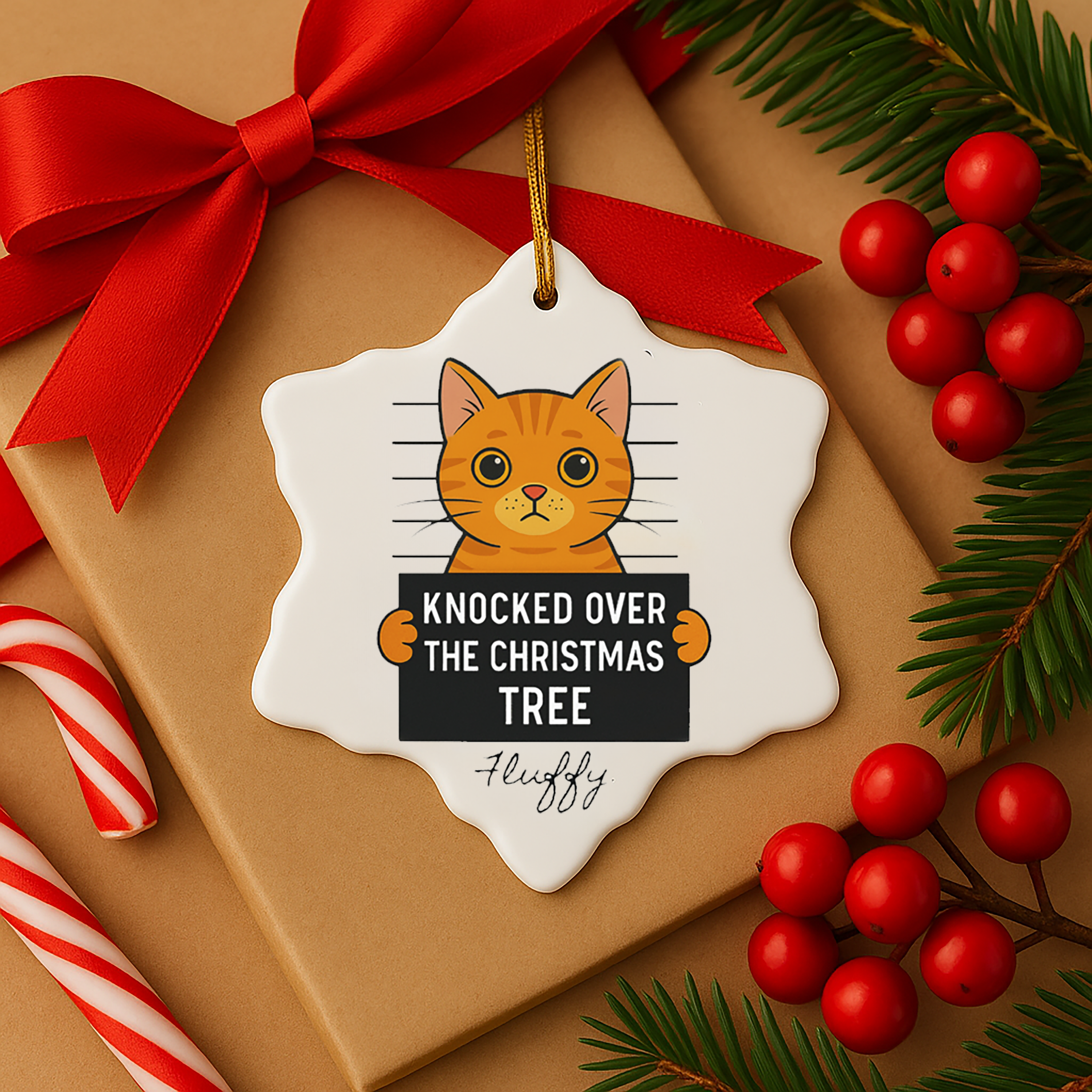 Cat Mugshot Personalized Ornament, Funny Cat Christmas Tree Decoration, Custom Pet Name Gift, Naughty Cat Holiday Ornament