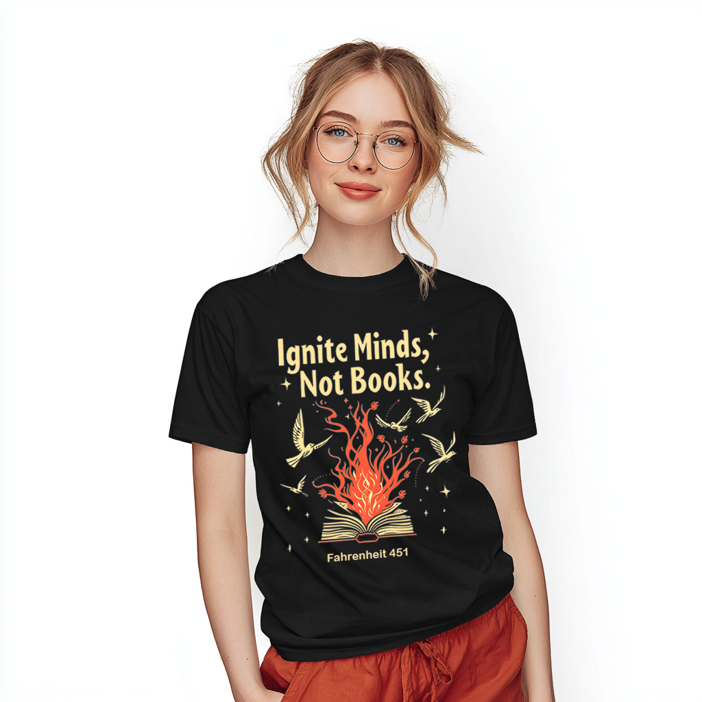 Ignite Minds Not Books, Fahrenheit 451 Inspired Unisex Tee - Book Lovers Gift, Literary T-Shirt, Reading Enthusiast Apparel