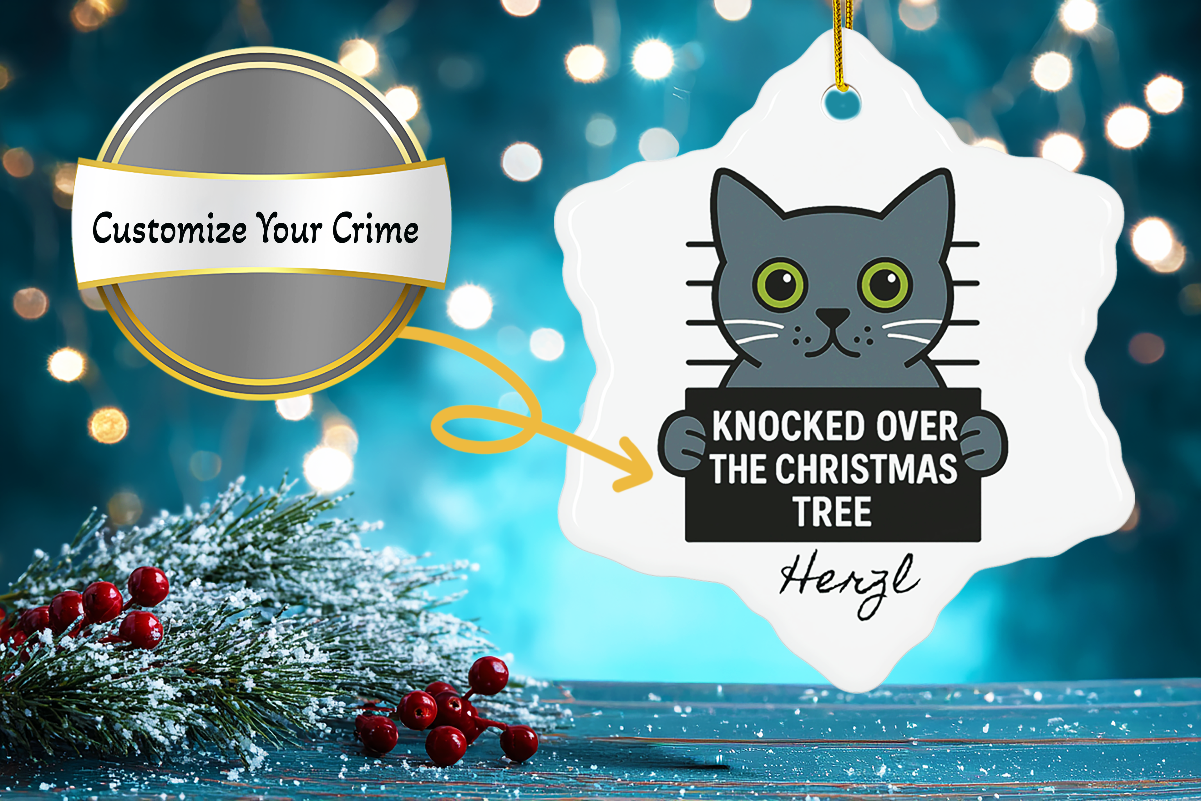 Cat Mugshot Personalized Ornament, Funny Cat Christmas Tree Decoration, Custom Pet Name Gift, Naughty Cat Holiday Ornament