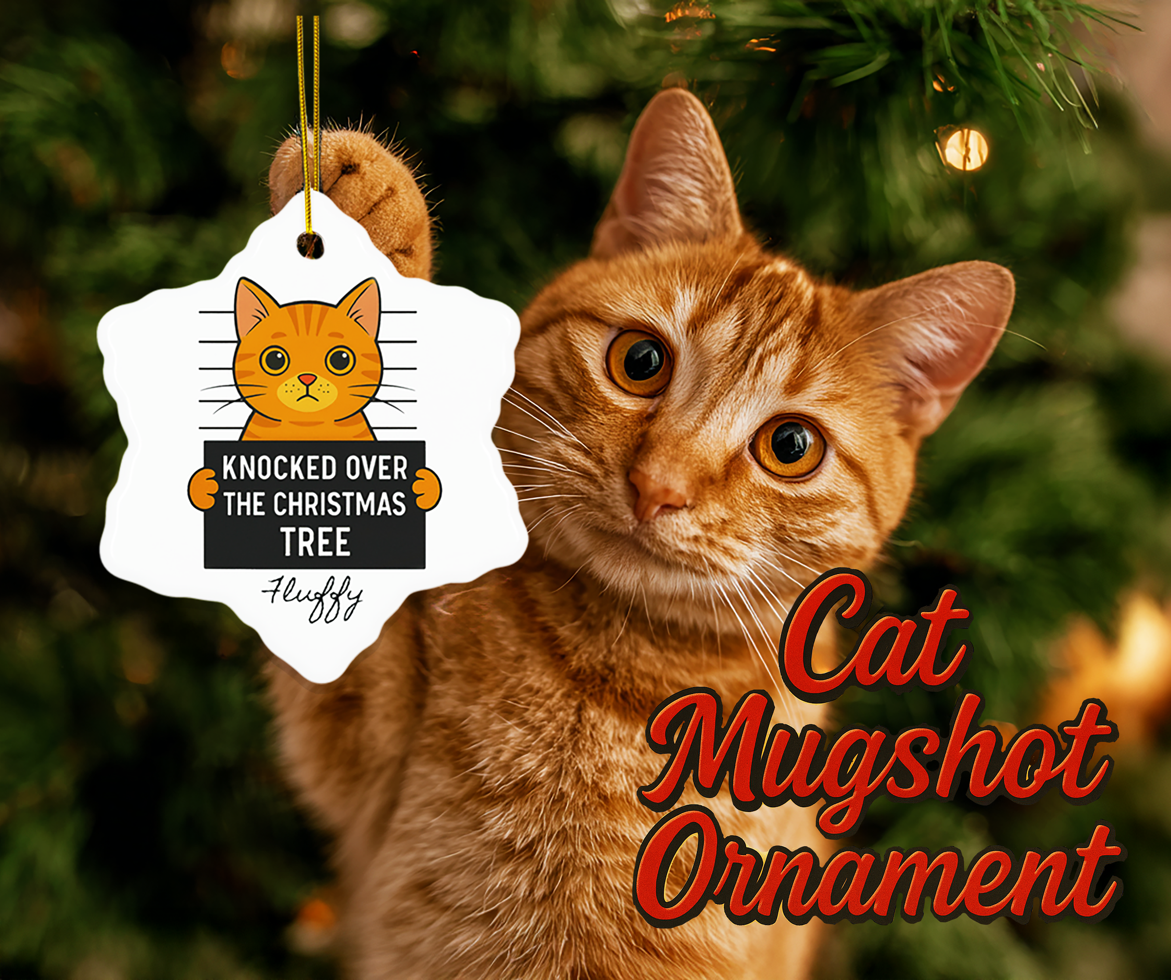 Cat Mugshot Personalized Ornament, Funny Cat Christmas Tree Decoration, Custom Pet Name Gift, Naughty Cat Holiday Ornament